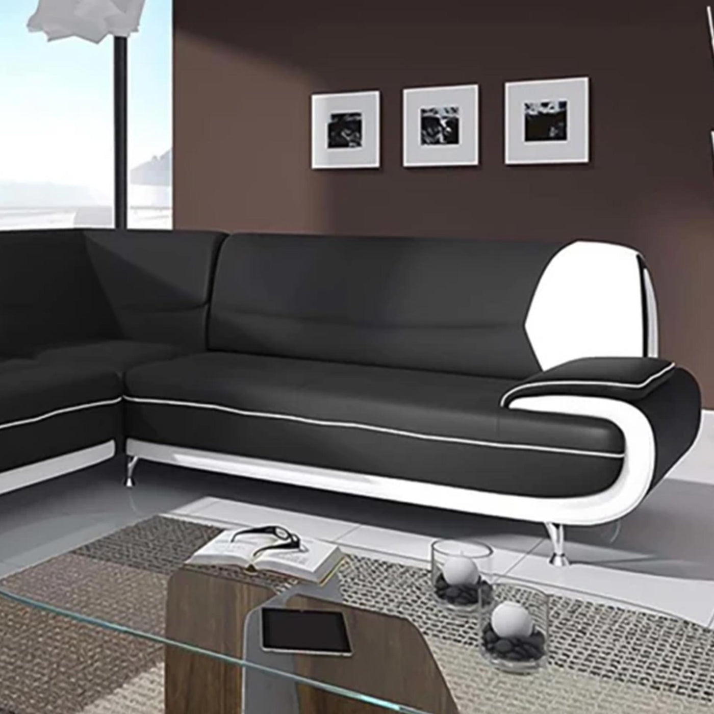 MUZA Canapé d'angle design en simili cuir noir et blanc