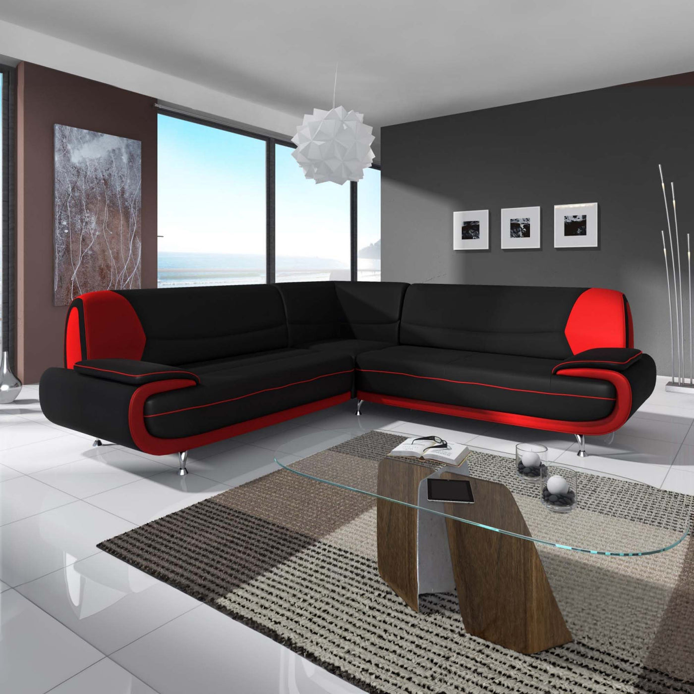MUZA Canapé d'angle design en simili cuir noir et rouge