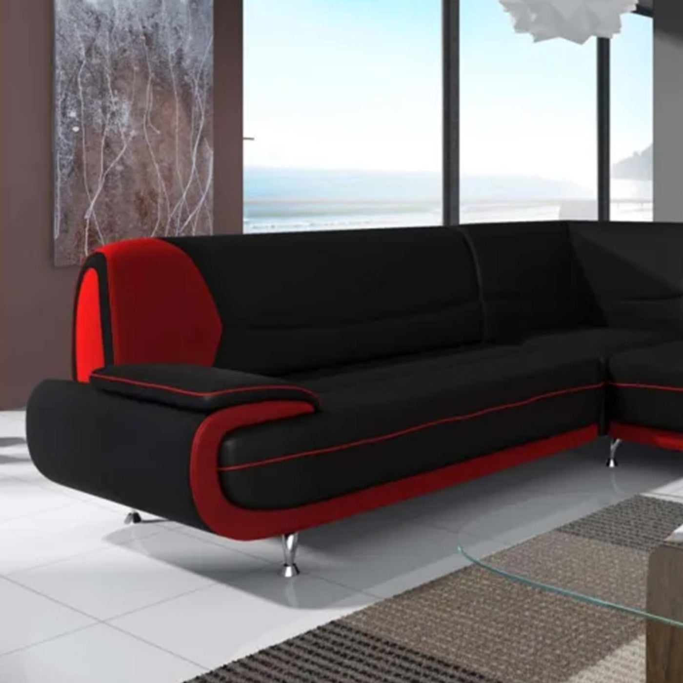 MUZA Canapé d'angle design en simili cuir noir et rouge