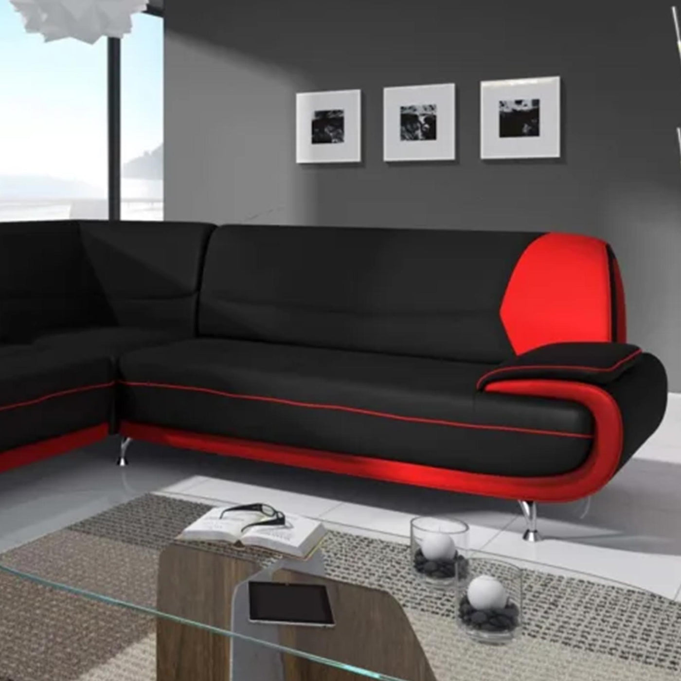 MUZA Canapé d'angle design en simili cuir noir et rouge