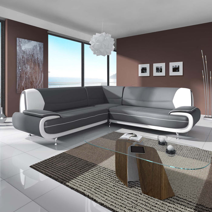 MUZA Canapé d'angle design en simili cuir gris et blanc