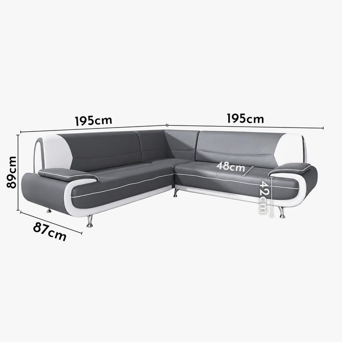 MUZA Canapé d'angle design en simili cuir gris et blanc