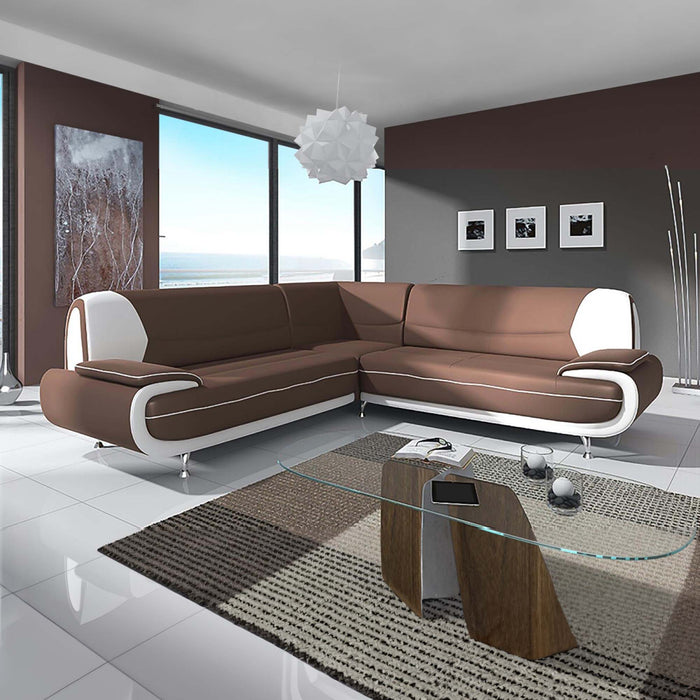 MUZA Canapé d'angle design en simili cuir marron et blanc