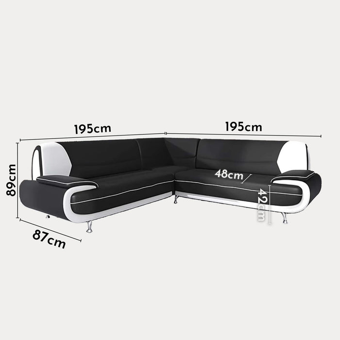 MUZA Canapé d'angle design en simili cuir noir et blanc