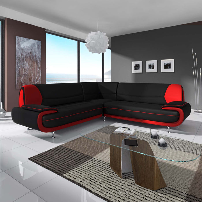MUZA Canapé d'angle design en simili cuir noir et rouge