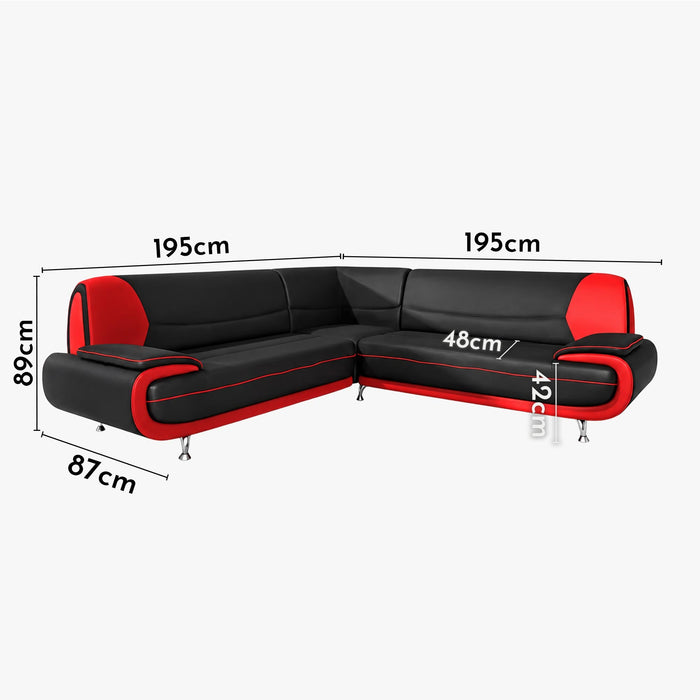 MUZA Canapé d'angle design en simili cuir noir et rouge