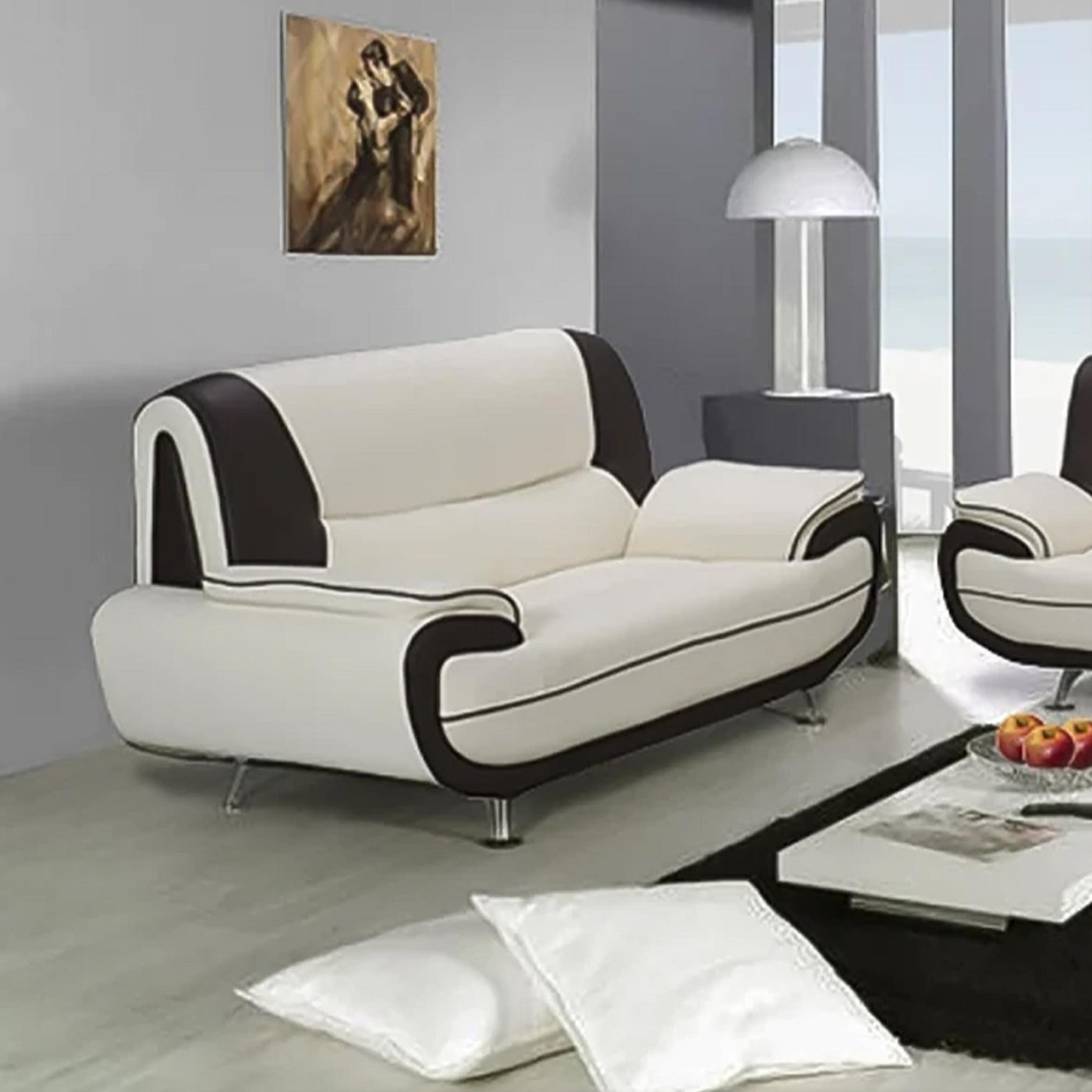MUZA Canapé design 2 places en simili cuir blanc et noir