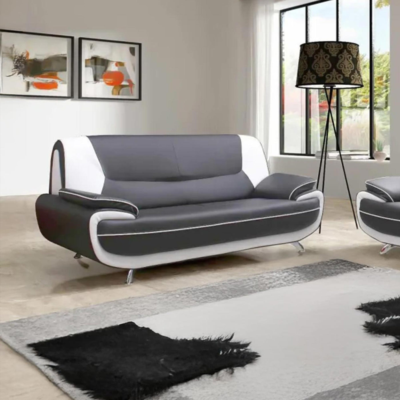 MUZA Canapé design 2 places en simili cuir gris et blanc
