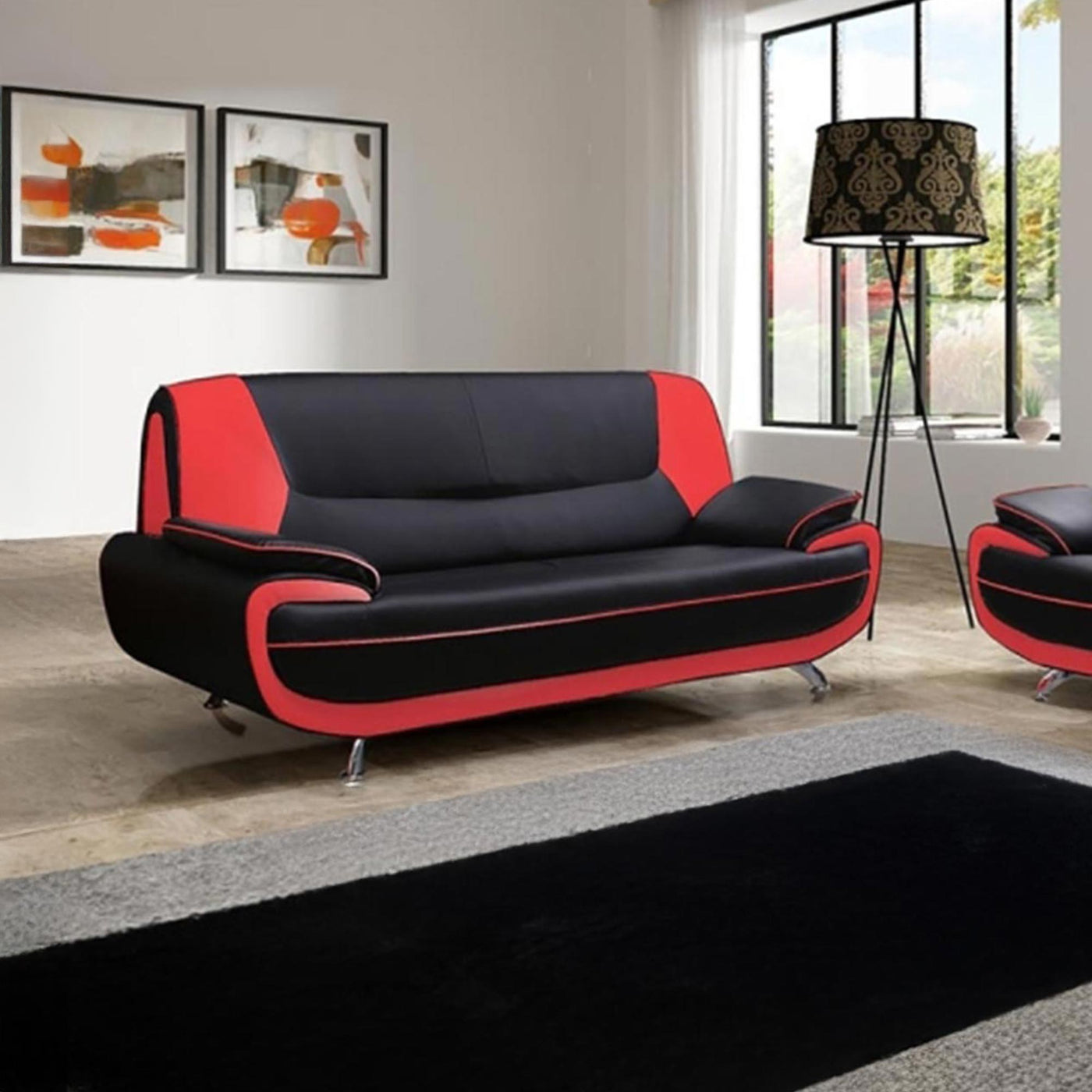MUZA Canapé design 2 places en simili cuir noir et rouge