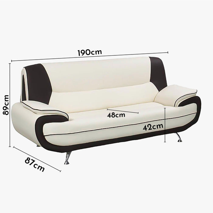 MUZA Canapé design 3 places en simili cuir blanc et noir