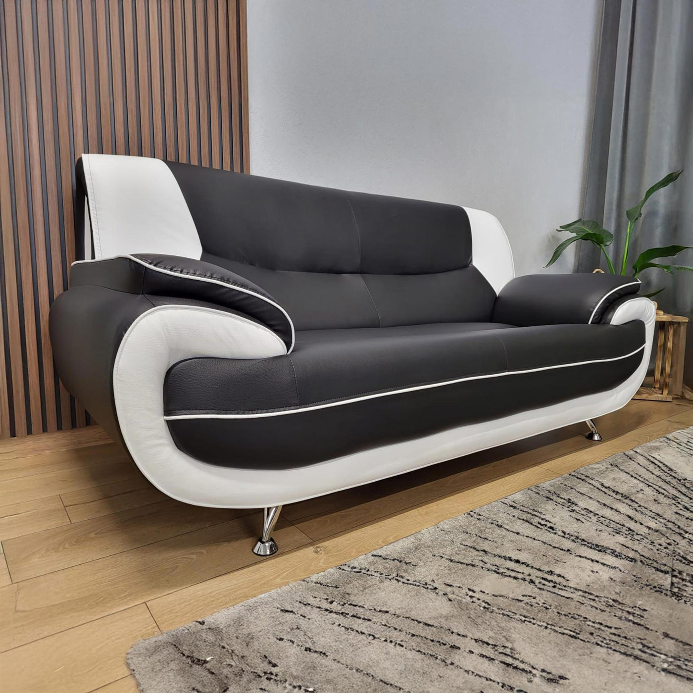 MUZA Canapé design 3 places en simili cuir noir et blanc