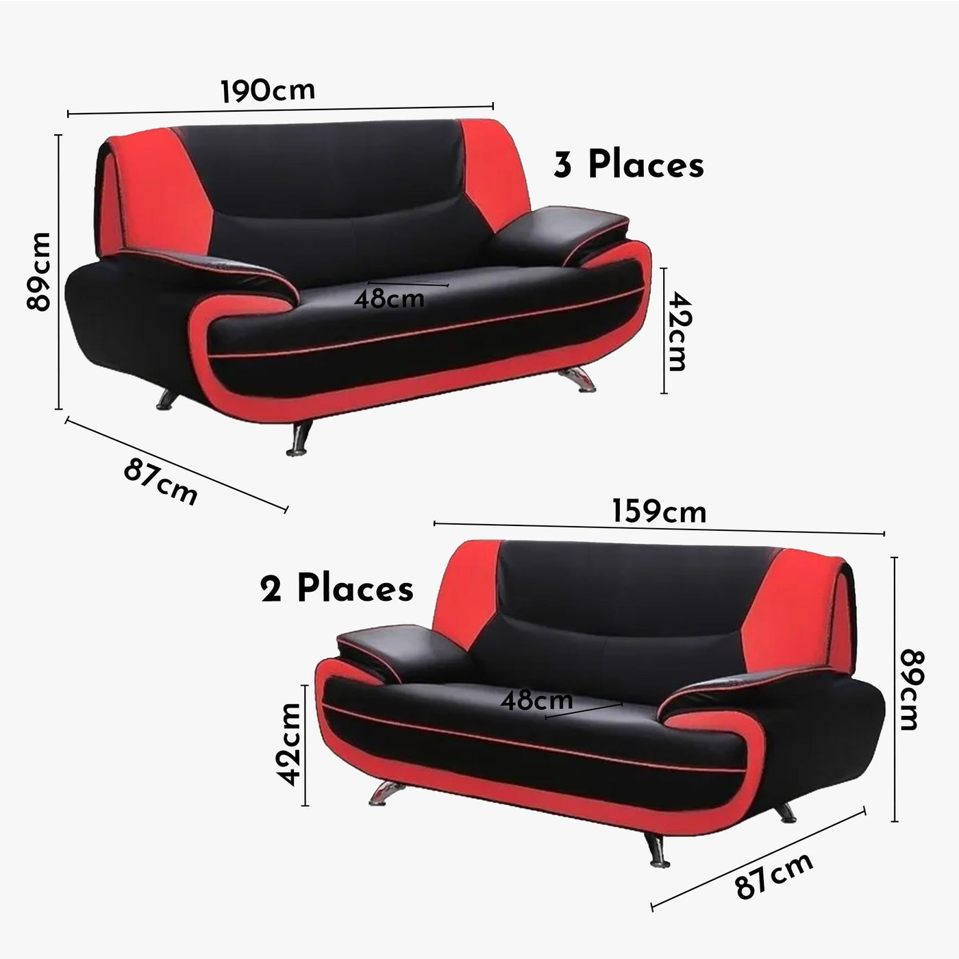 MUZA Ensemble canapé design en simili cuir noir et rouge - Ensemble de canapés - Mobilier Deco