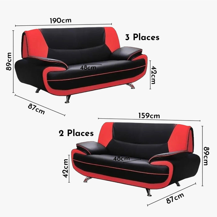 MUZA Ensemble canapé design en simili cuir noir et rouge