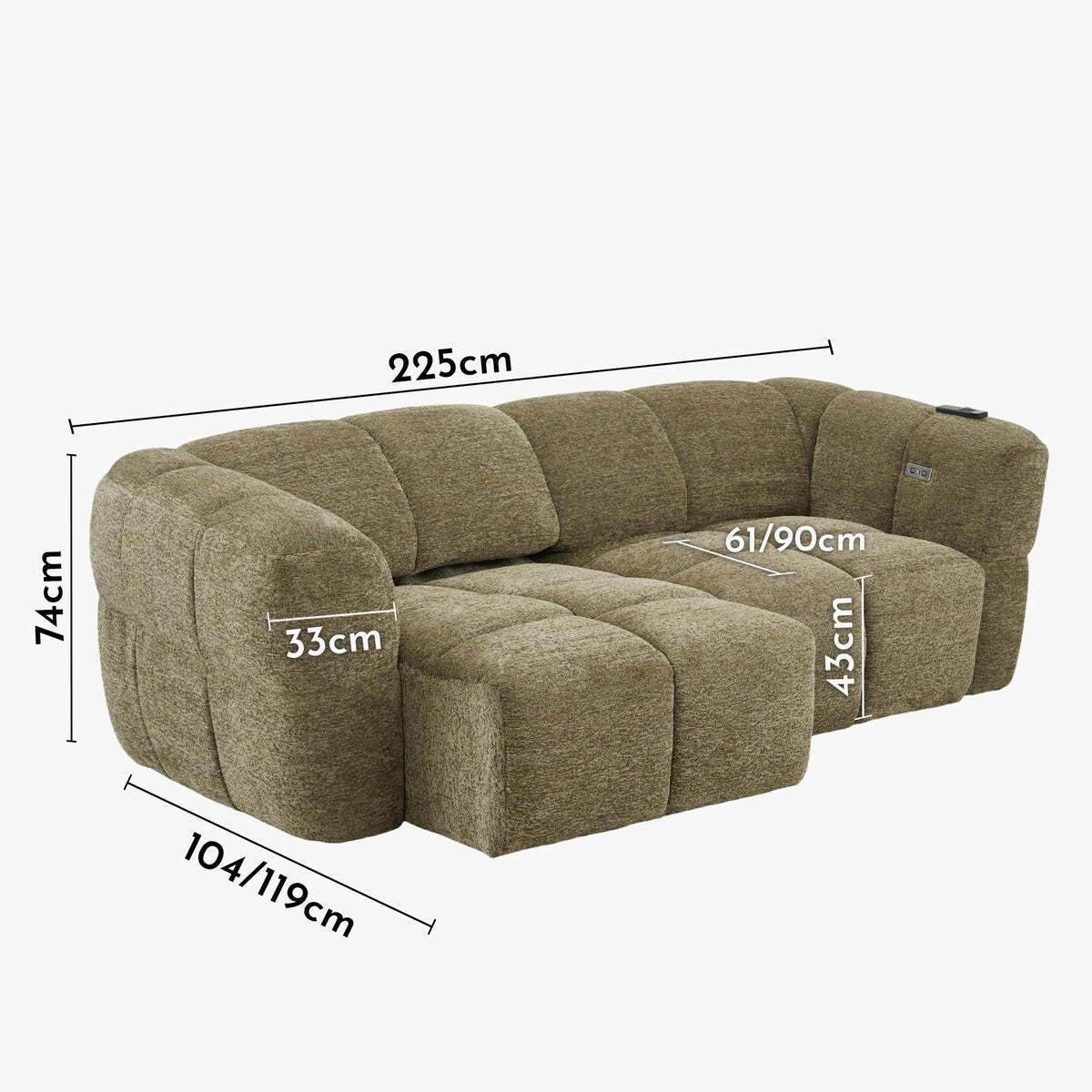 NALA Canapé 3 places relax électrique avec assises coulissantes en tissu vert - Canapé relax - Mobilier Deco
