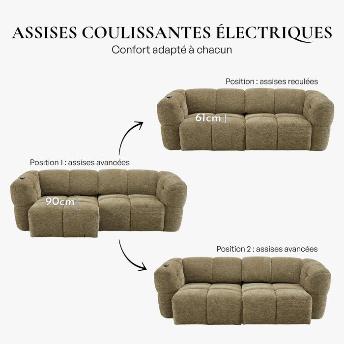 NALA Canapé 3 places relax électrique avec assises coulissantes en tissu vert
