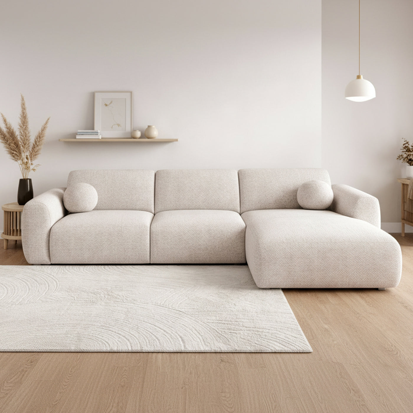 NAYLA Canapé d'angle en tissu beige - Angle droit