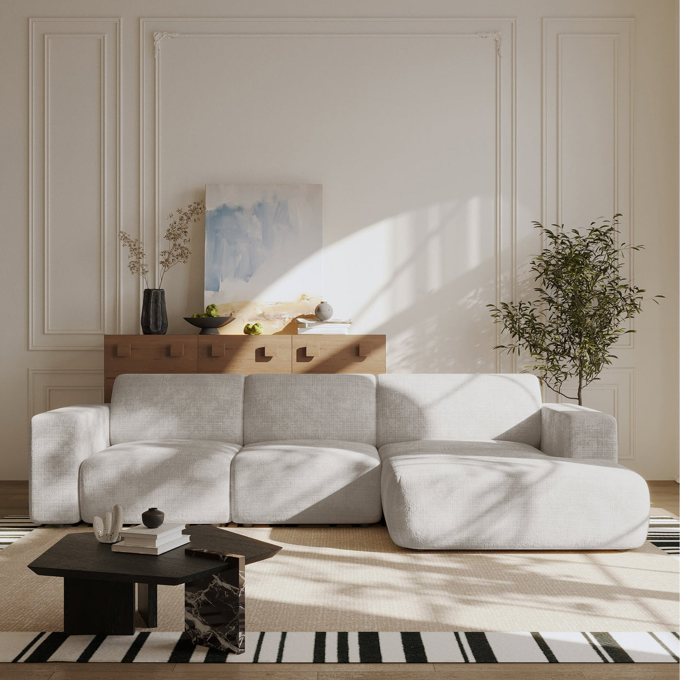 NAYVA Canapé d'angle en tissu beige - Angle droit - Canapés d'angle - Mobilier Deco