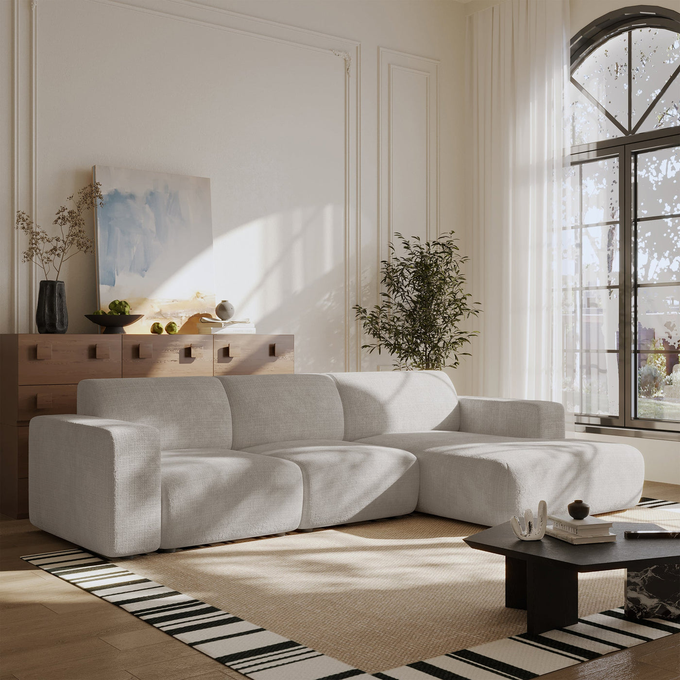 NAYVA Canapé d'angle en tissu beige - Angle droit - Canapés d'angle - Mobilier Deco