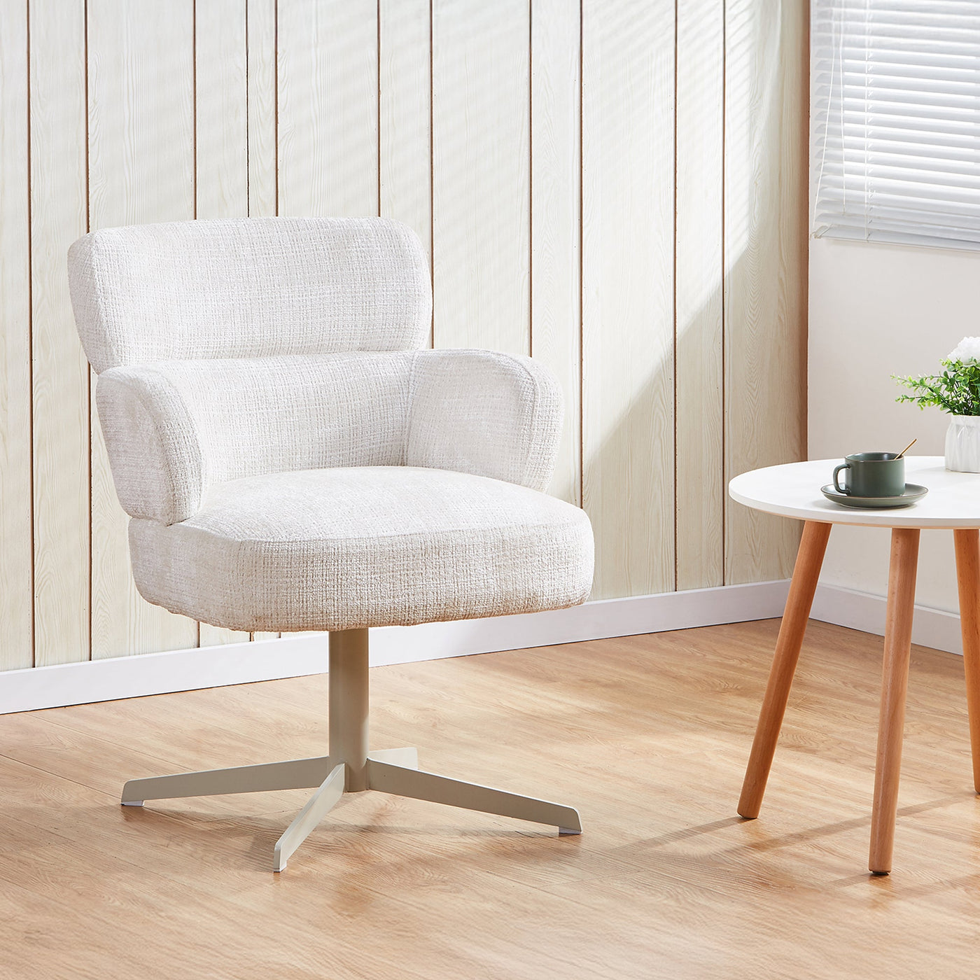 NEJYA Fauteuil en tissu blanc écru pieds en métal gris - Chaise de repas - Mobilier Deco