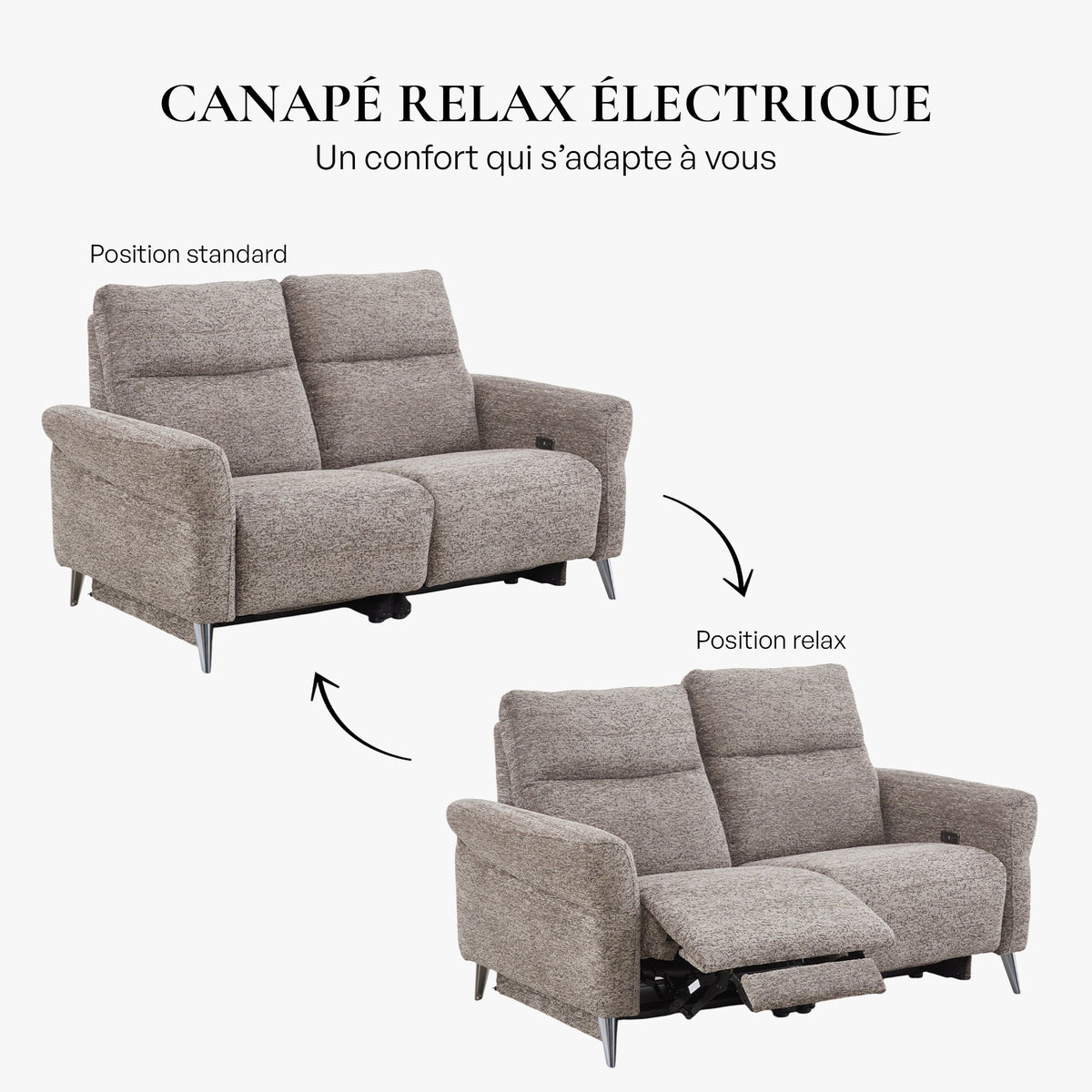 NELSON Canapé 2 places relax électrique en tissu taupe - Canapé relax - Mobilier Deco