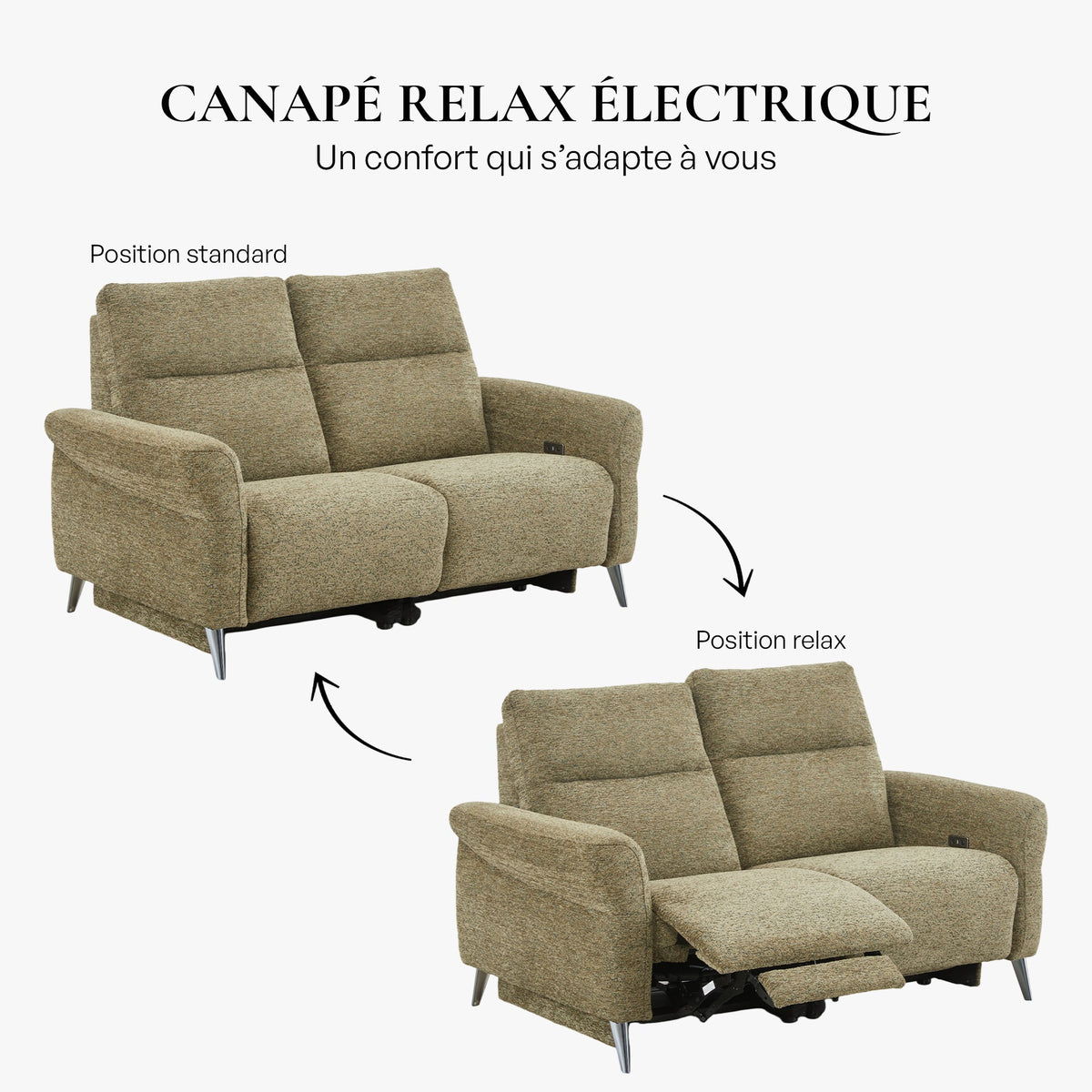 NELSON Canapé 2 places relax électrique en tissu vert - Canapé relax - Mobilier Deco