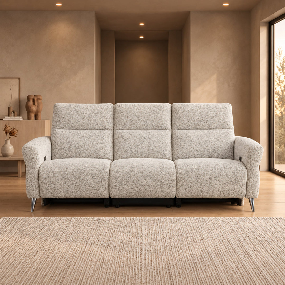 NELSON Canapé 3 places relax électrique avec porte gobelets et chargeur sans fil en tissu beige - Canapé relax - Mobilier Deco