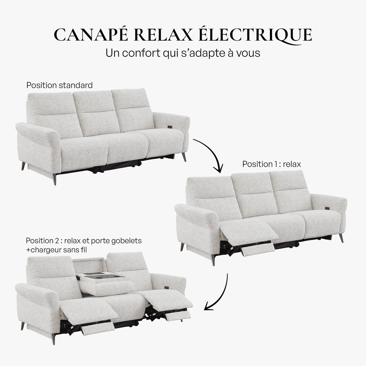 NELSON Canapé 3 places relax électrique avec porte gobelets et chargeur sans fil en tissu beige - Canapé relax - Mobilier Deco
