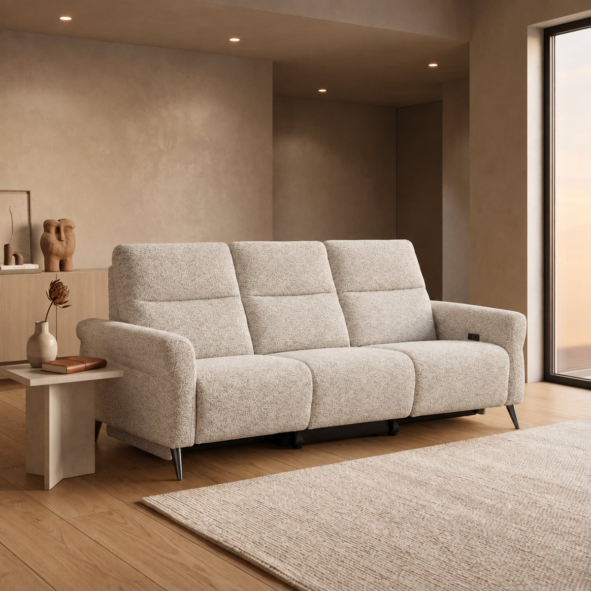 NELSON Canapé 3 places relax électrique avec porte gobelets et chargeur sans fil en tissu beige - Canapé relax - Mobilier Deco