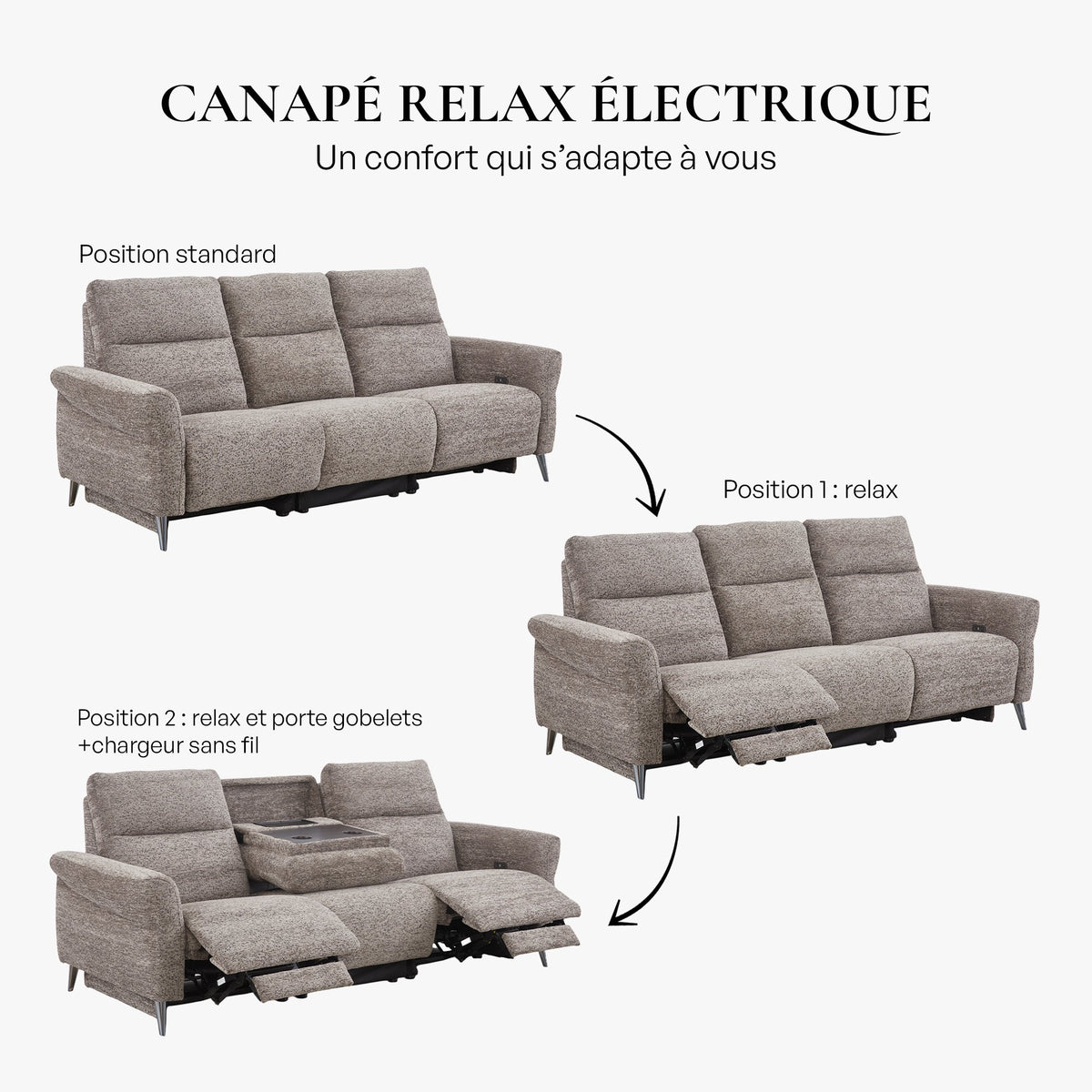NELSON Canapé 3 places relax électrique avec porte gobelets et chargeur sans fil en tissu taupe - Canapé relax - Mobilier Deco