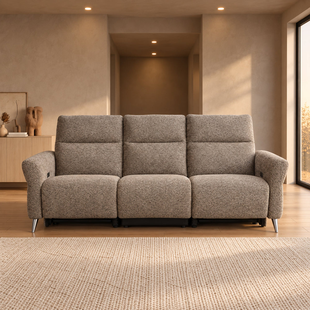NELSON Canapé 3 places relax électrique avec porte gobelets et chargeur sans fil en tissu taupe - Canapé relax - Mobilier Deco