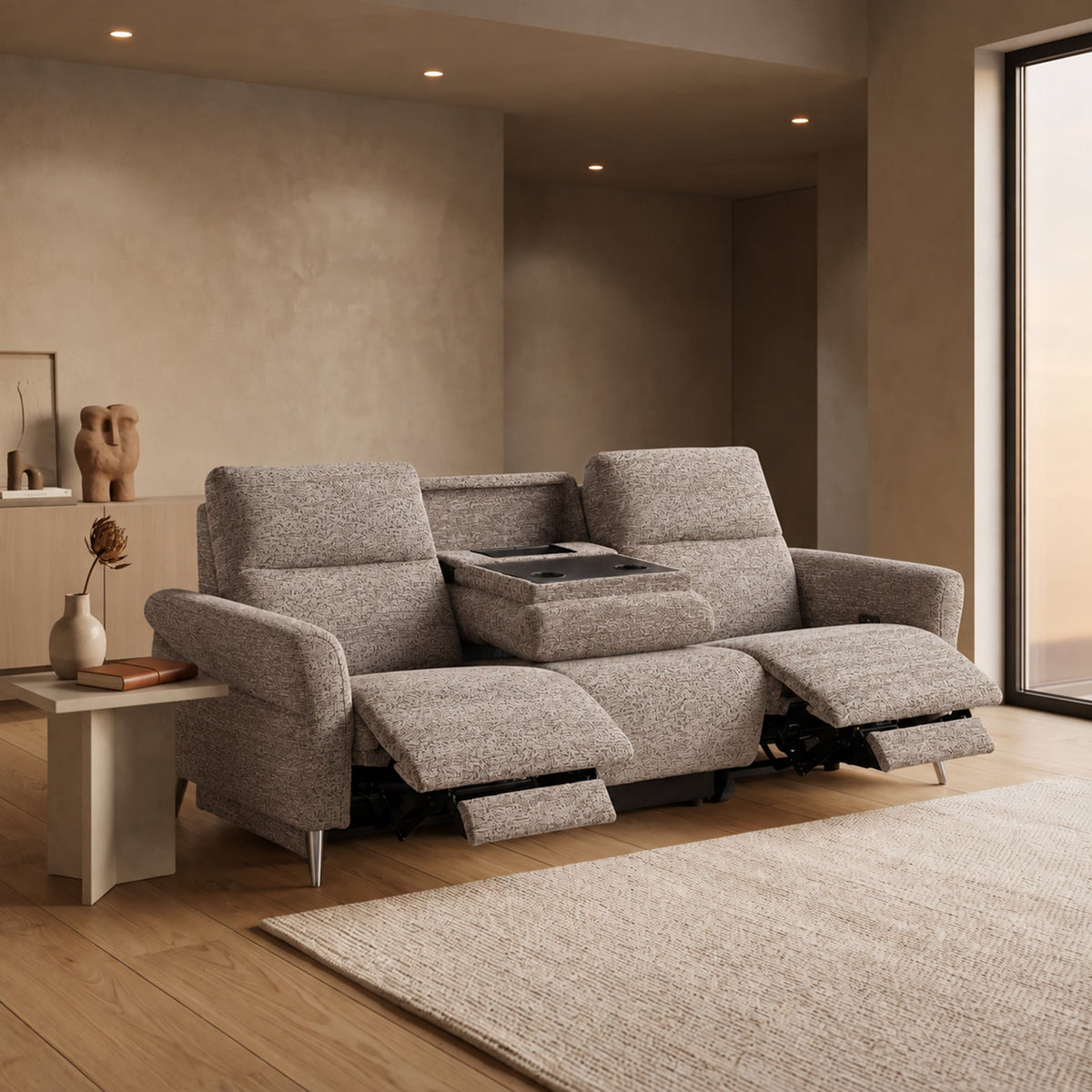 NELSON Canapé 3 places relax électrique avec porte gobelets et chargeur sans fil en tissu taupe - Canapé relax - Mobilier Deco