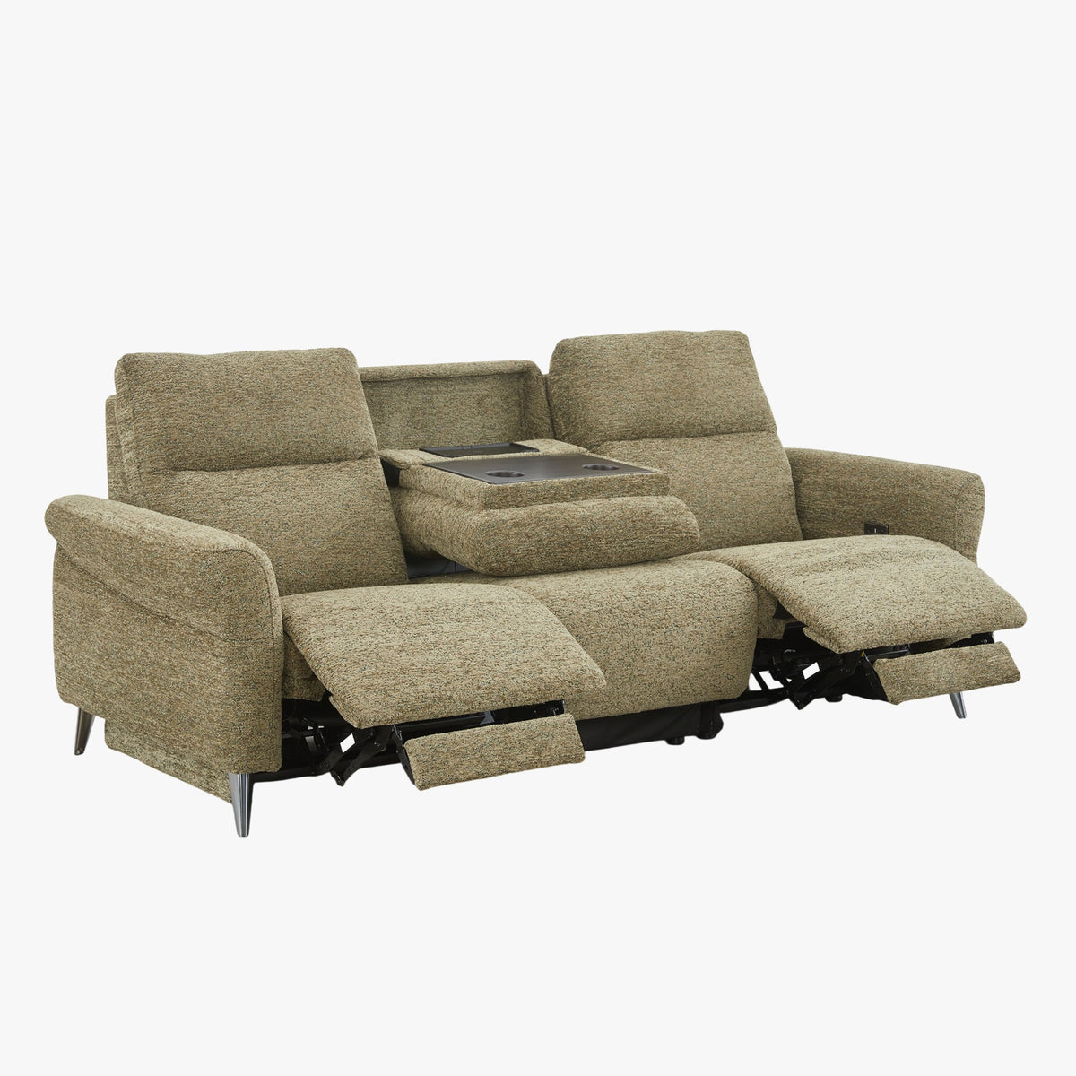 NELSON Canapé 3 places relax électrique avec porte gobelets et chargeur sans fil en tissu vert - Canapé relax - Mobilier Deco