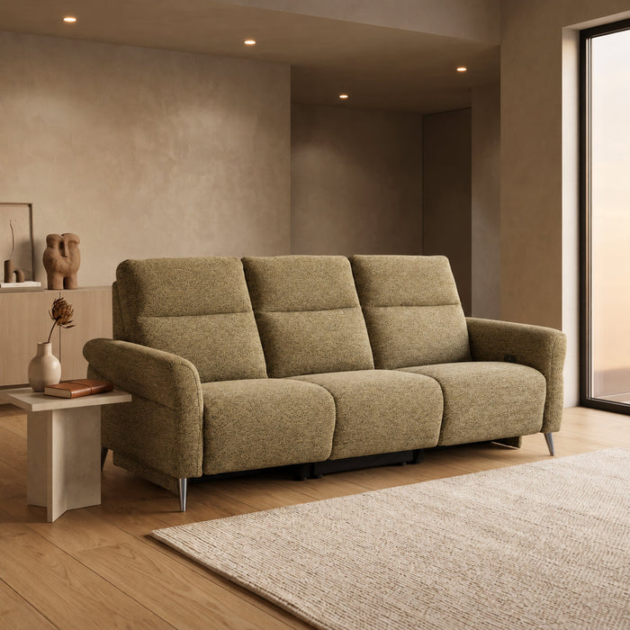NELSON Canapé 3 places relax électrique avec porte gobelets et chargeur sans fil en tissu vert – Canapé relax Mobilier Deco