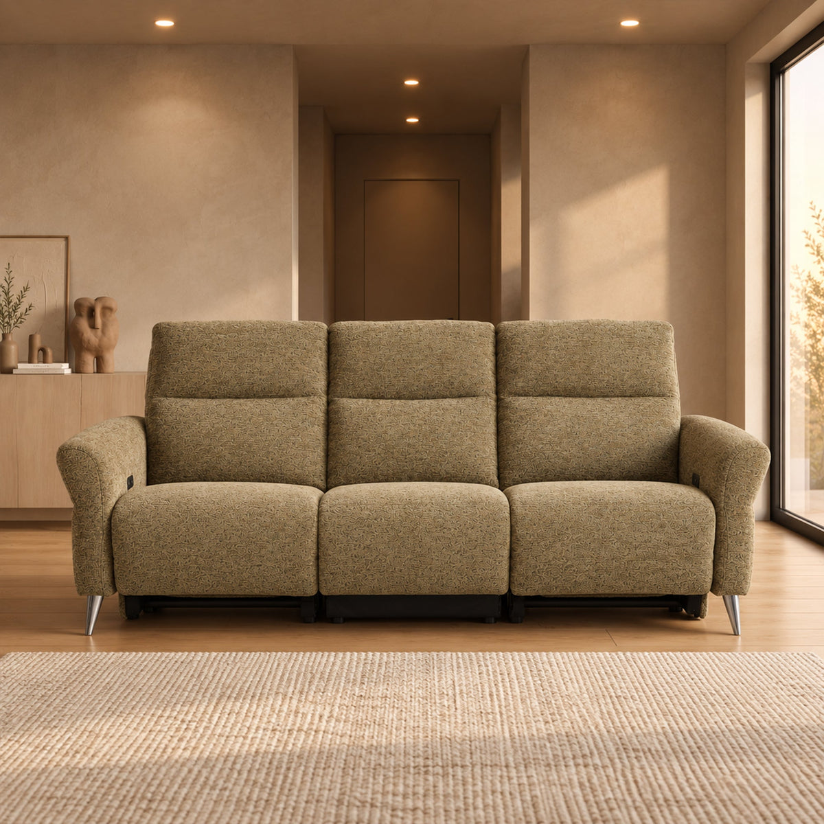 NELSON Canapé 3 places relax électrique avec porte gobelets et chargeur sans fil en tissu vert - Canapé relax - Mobilier Deco