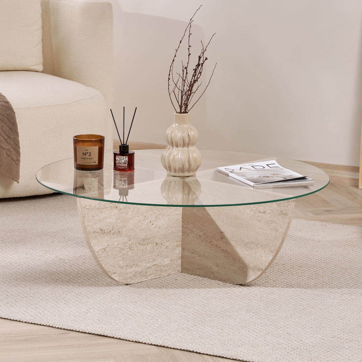 NESIA Table basse en verre piètement beige D90 cm - Table basse - Mobilier Deco