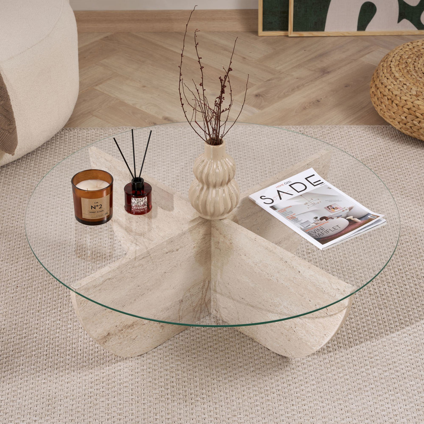 NESIA Table basse en verre piètement beige D90 cm - Table basse - Mobilier Deco