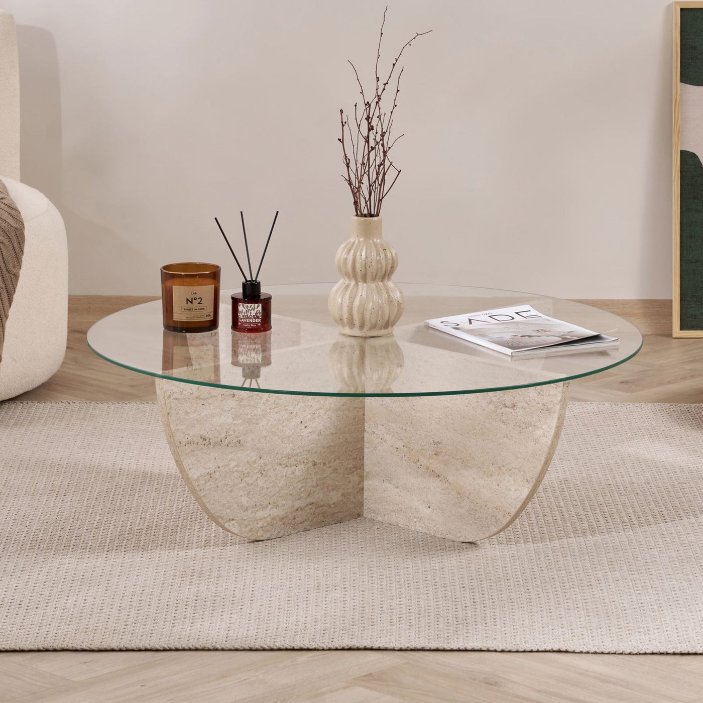 NESIA Table basse en verre piètement beige D90 cm - Table basse - Mobilier Deco