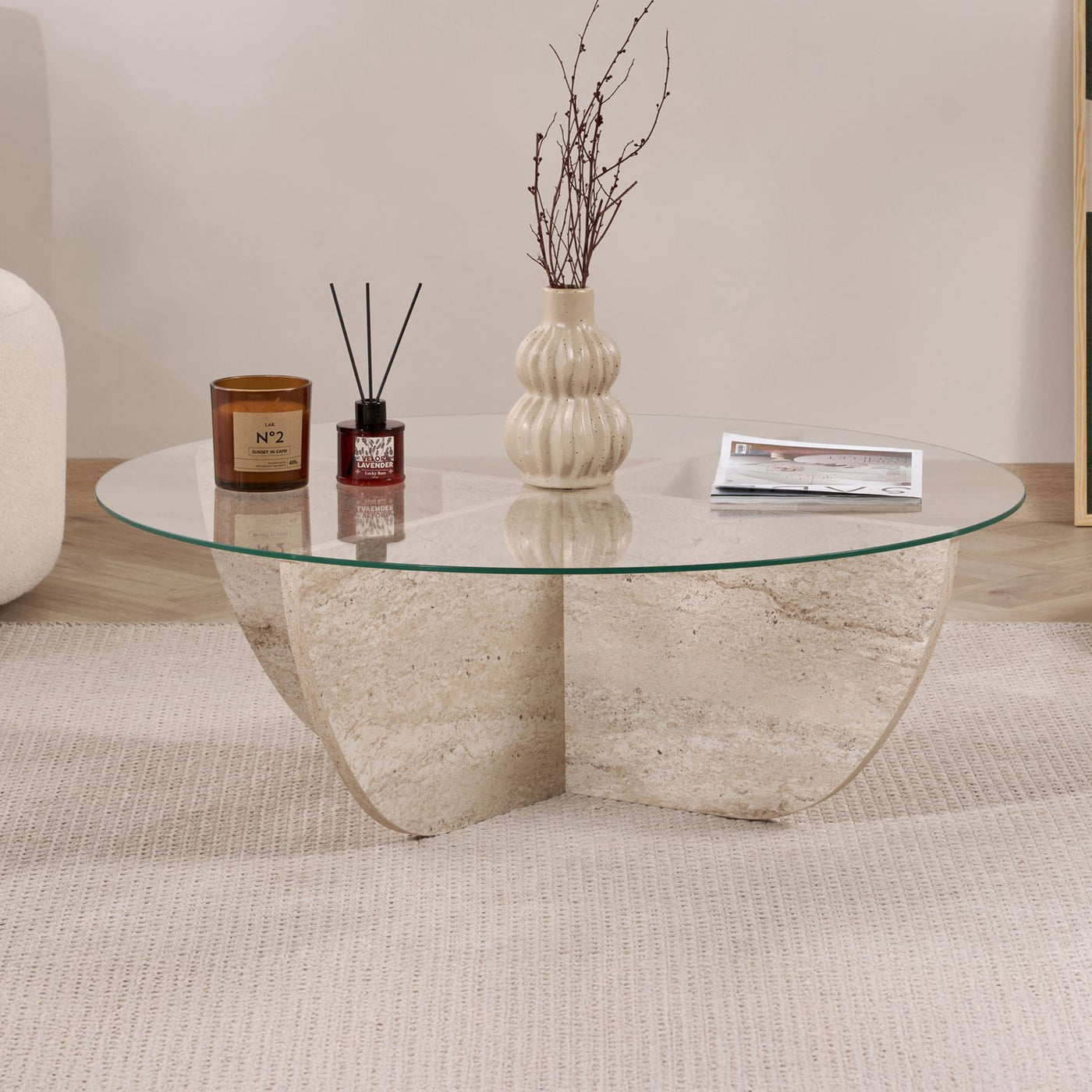 NESIA Table basse en verre piètement beige D90 cm