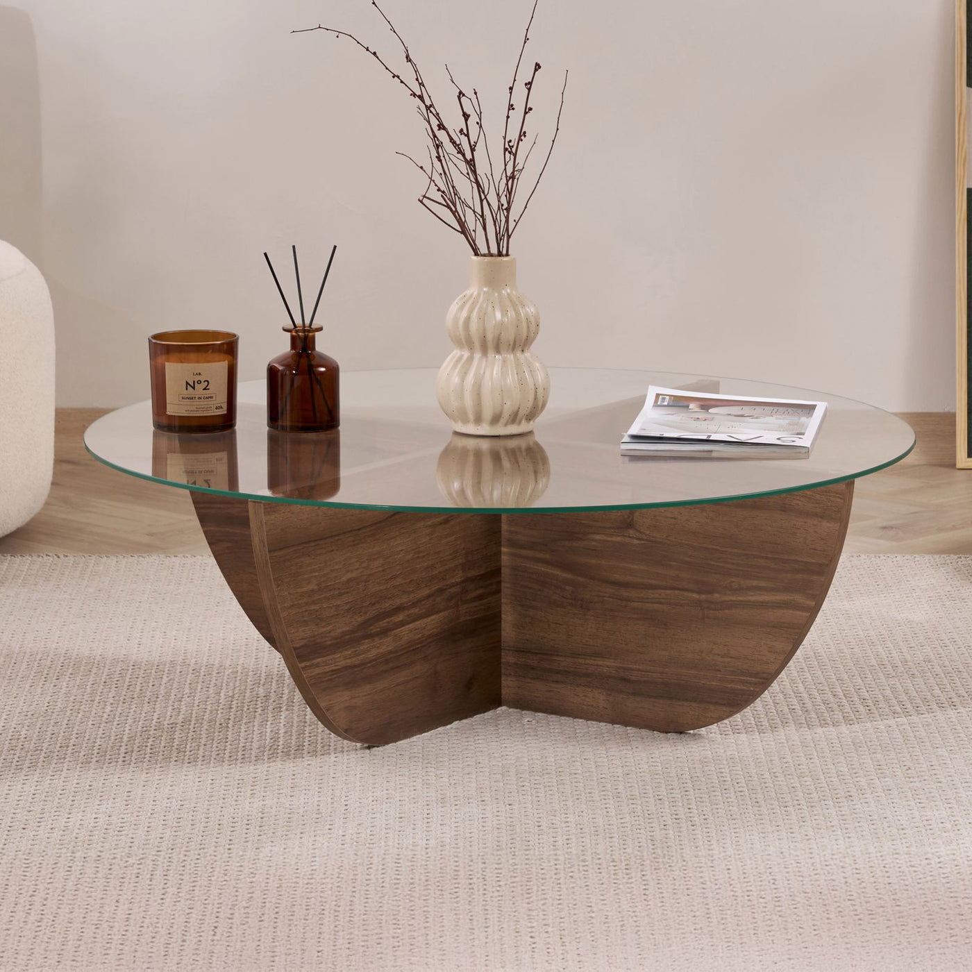 NESIA Table basse en verre piètement couleur bois foncé D90 cm