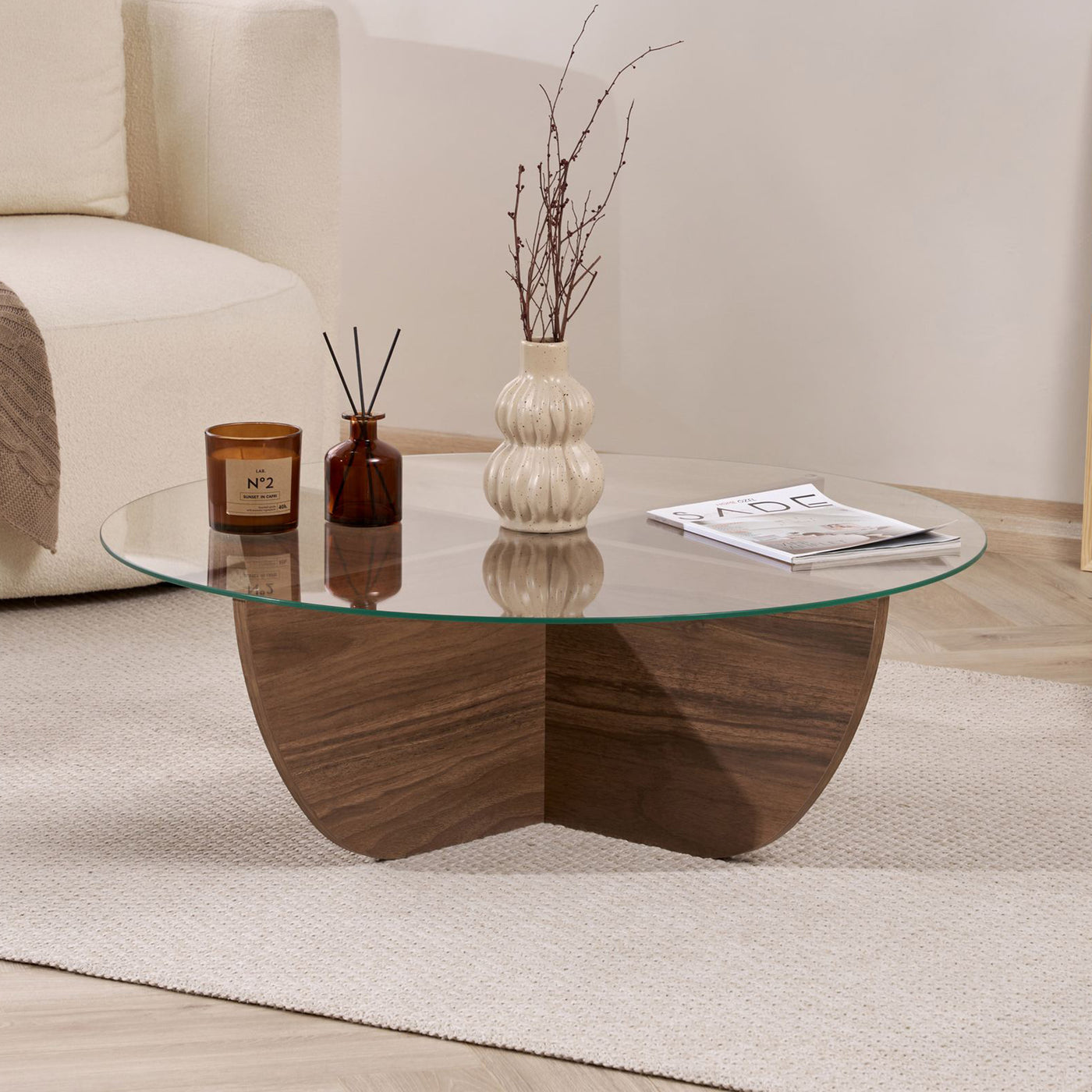 NESIA Table basse en verre piètement couleur bois foncé D90 cm