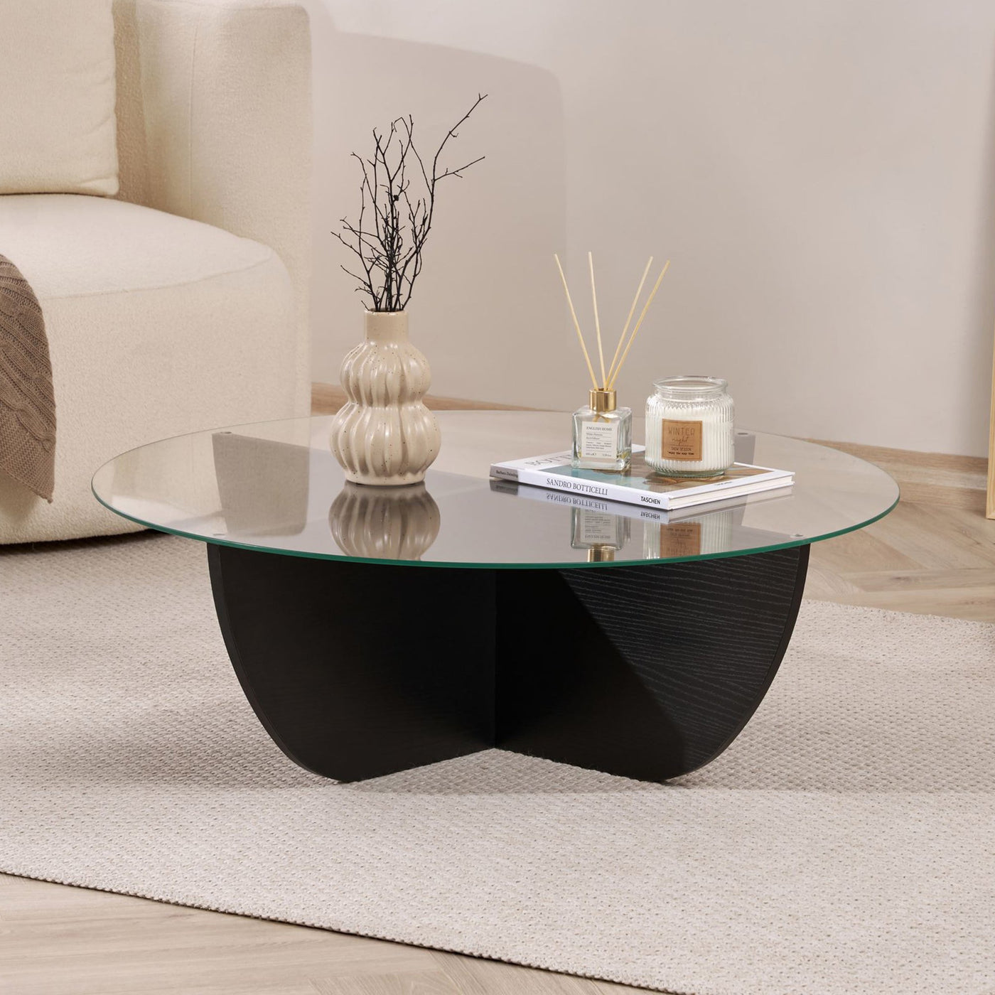 NESIA Table basse en verre piètement couleur bois noir D90 cm - Table basse - Mobilier Deco