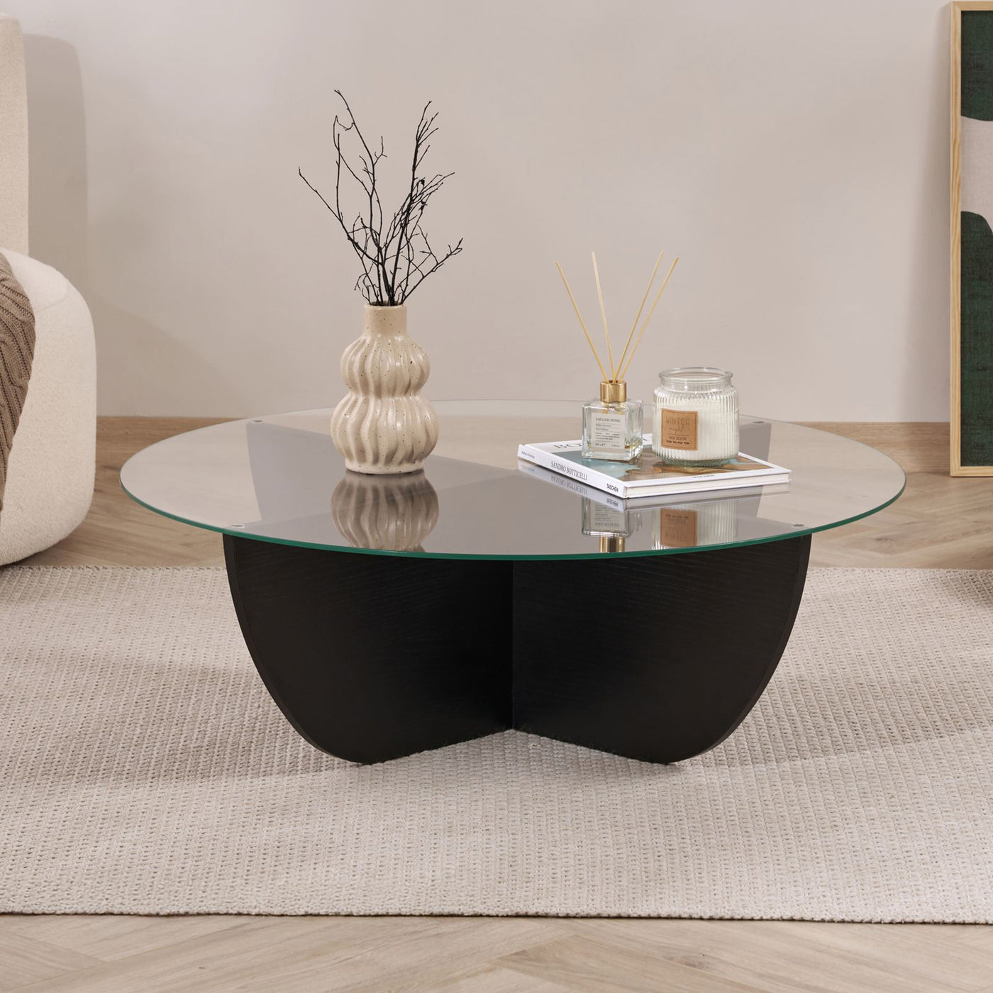 NESIA Table basse en verre piètement couleur bois noir D90 cm