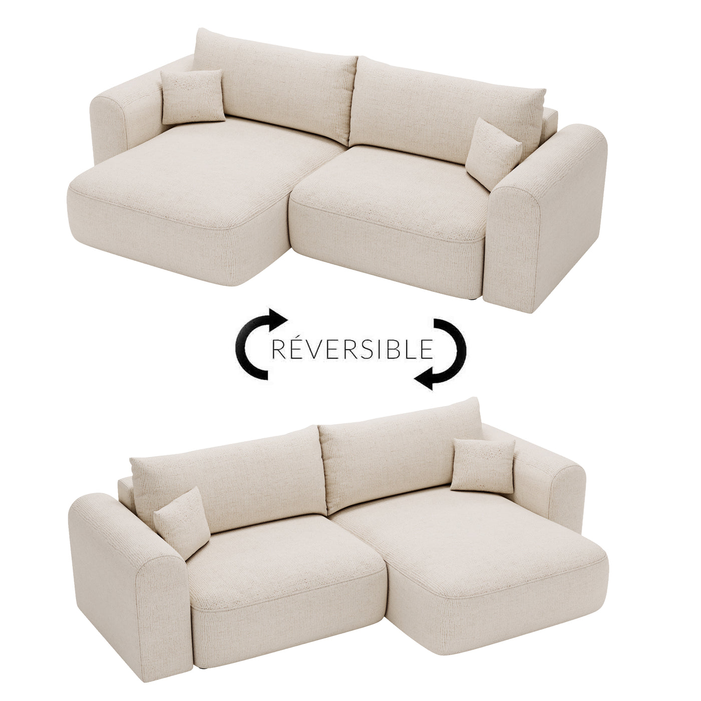 NIRA Canapé d'angle convertible réversible avec coffre en tissu beige
