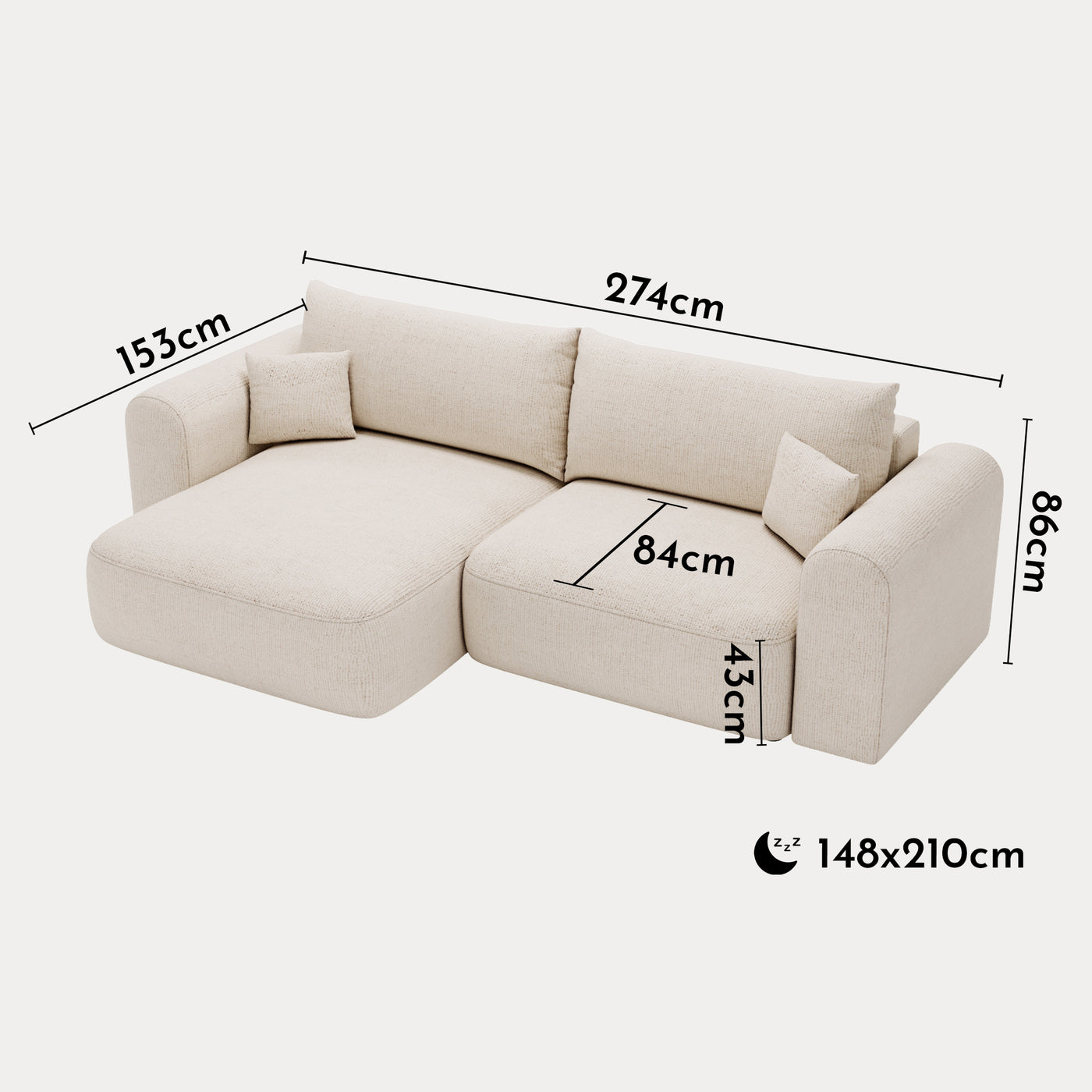 NIRA Canapé d'angle convertible réversible avec coffre en tissu beige