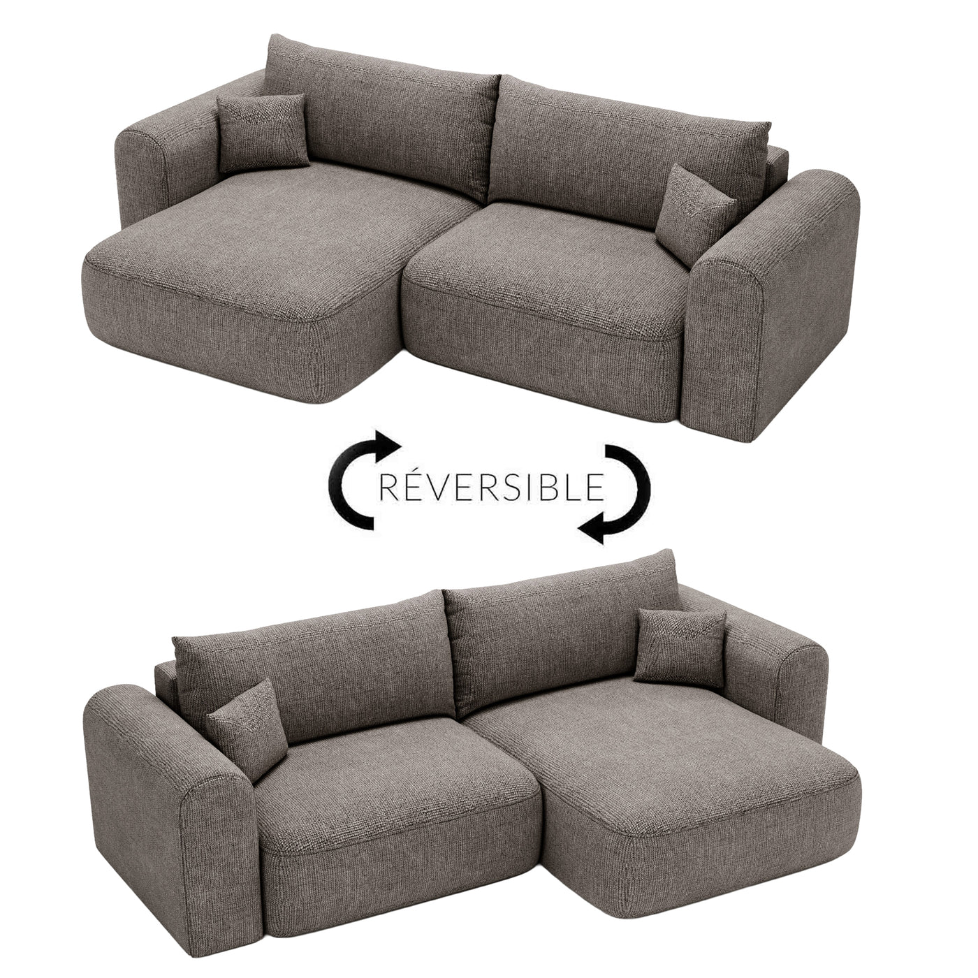 NIRA Canapé d'angle convertible réversible avec coffre en tissu gris