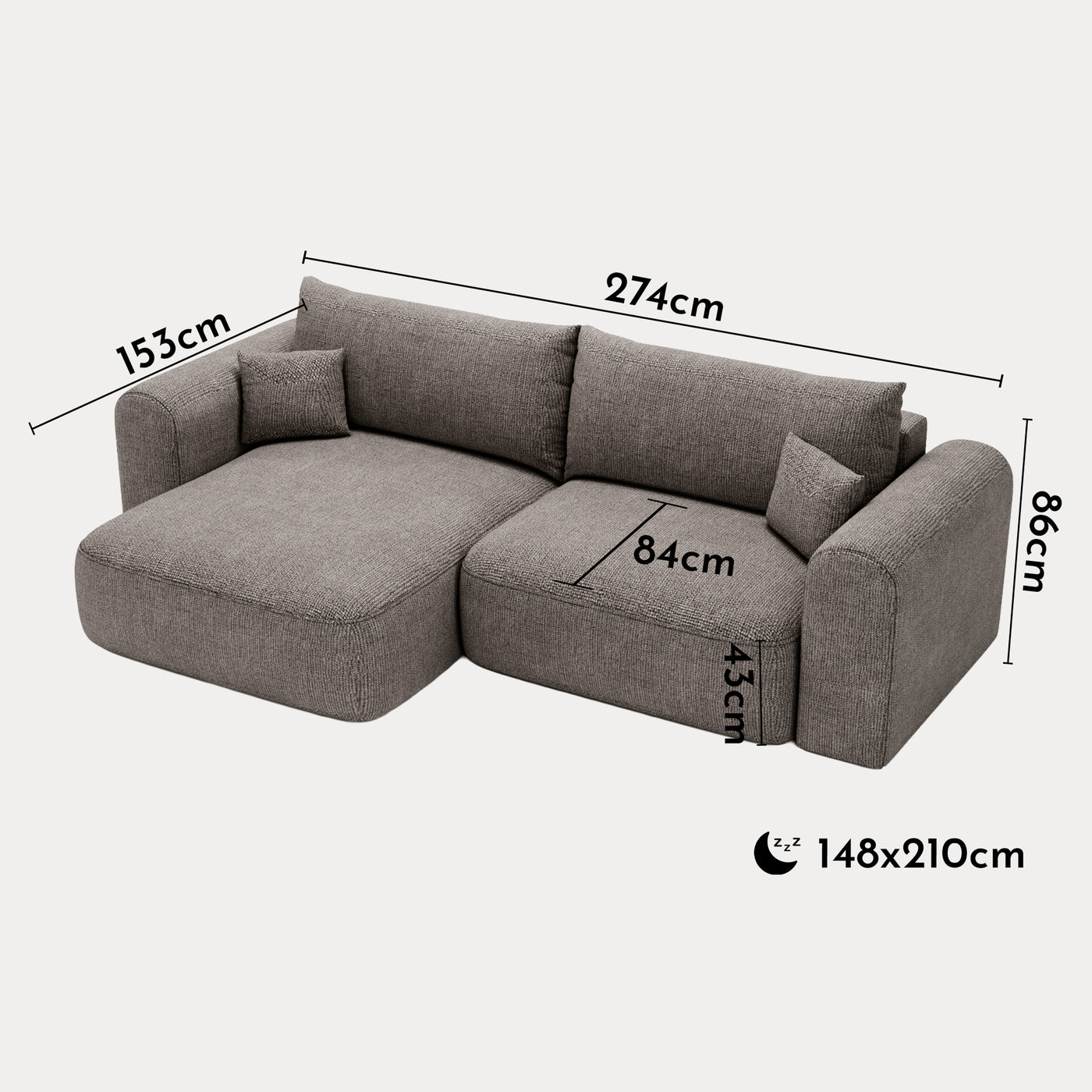 NIRA Canapé d'angle convertible réversible avec coffre en tissu gris