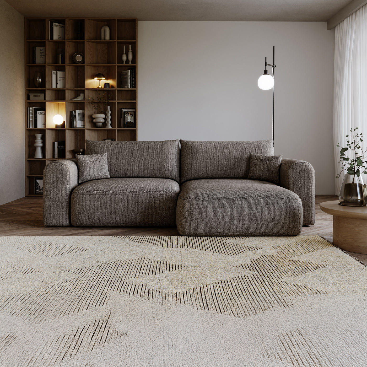 NIRA Canapé d'angle convertible réversible avec coffre en tissu gris