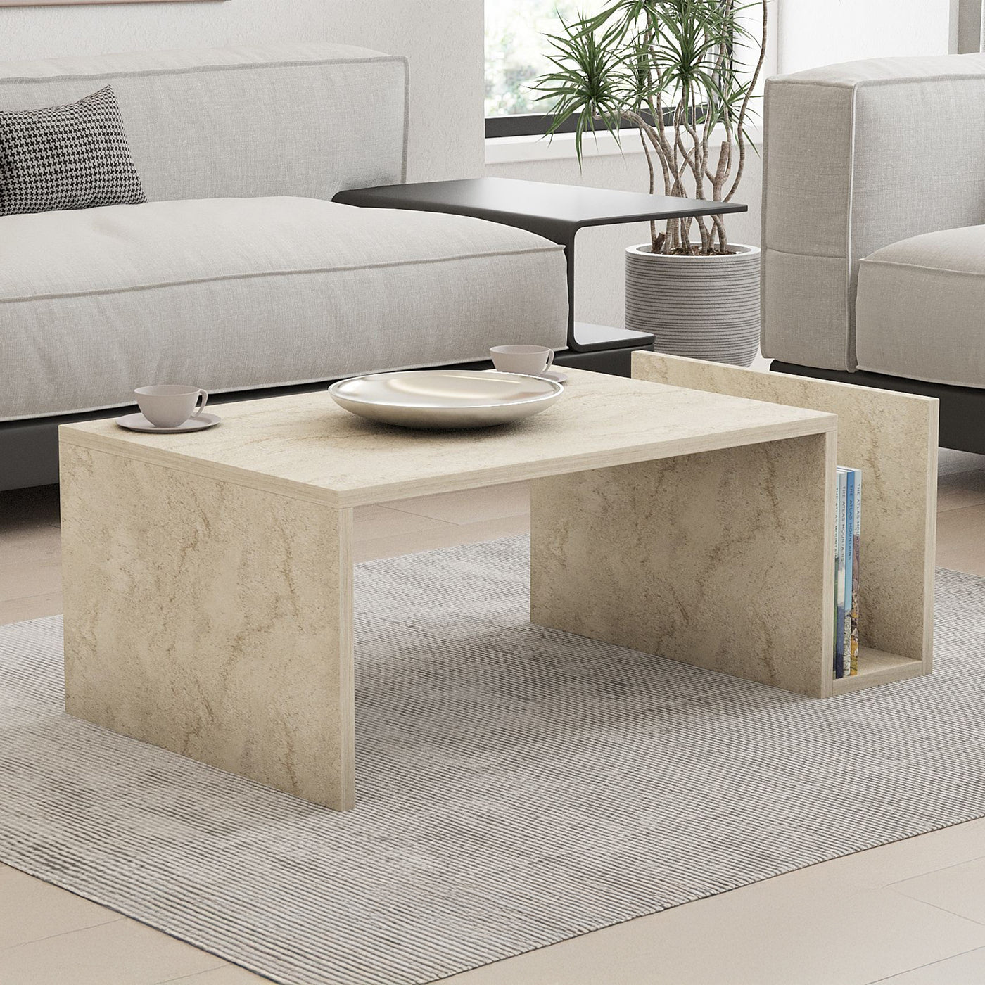 NOAH Table basse rectangulaire beige avec rangement intégré