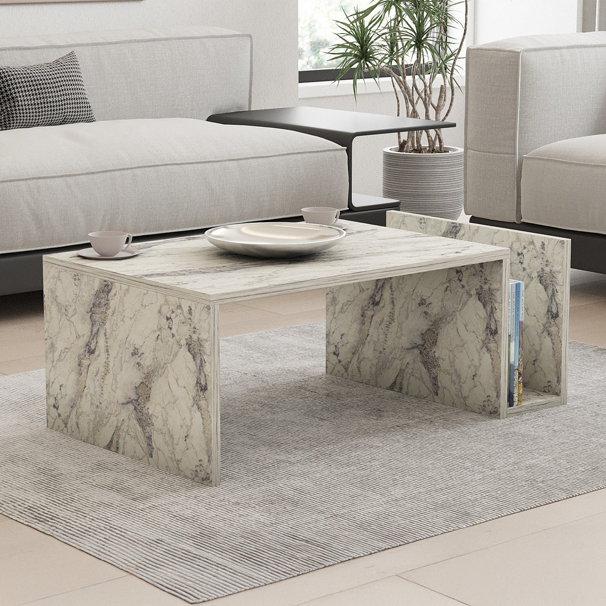 NOAH Table basse rectangulaire couleur marbre avec rangement intégré - Table basse - Mobilier Deco