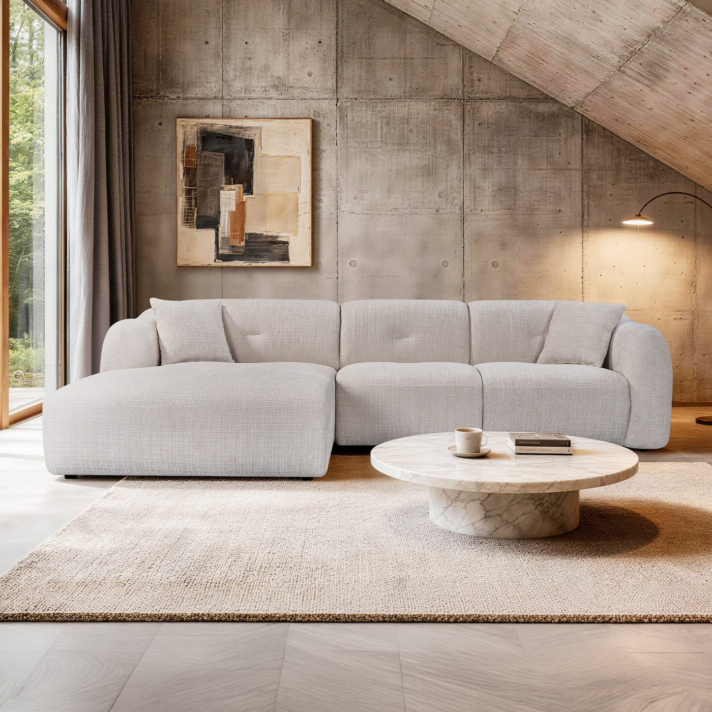 NOELIA Canapé d'angle en tissu capitonné beige - Angle gauche - Canapés d'angle - Mobilier Deco